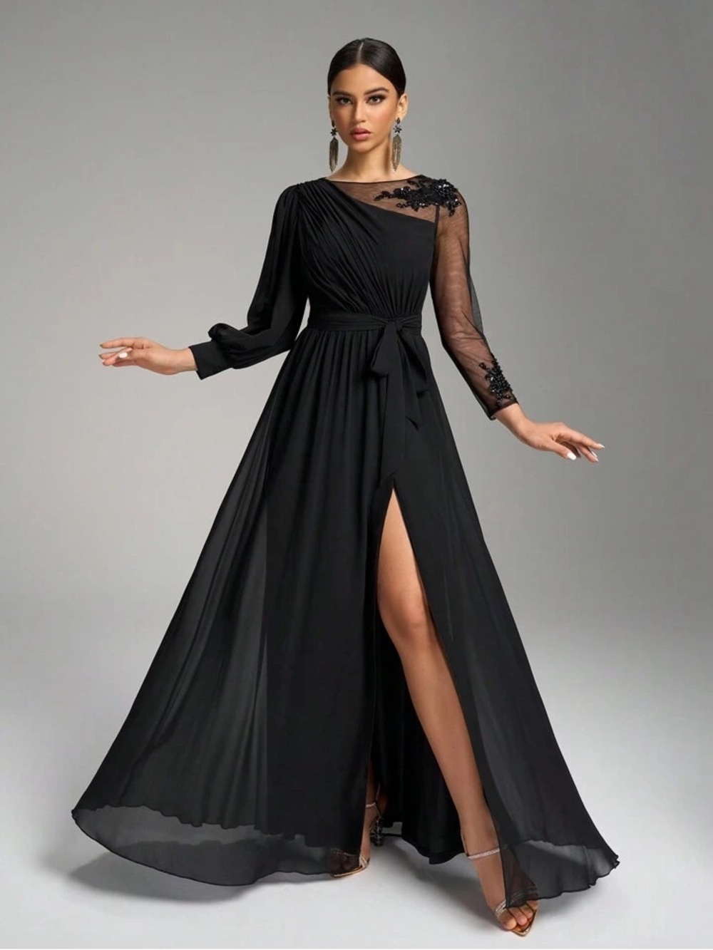 SHEIN Black Long Sleeve Chiffon Evening Dress with Sheer Embellished Sleeve